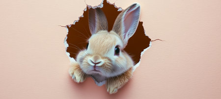 Cute Bunny Peeking Out of Hole, Easter Greeting Card, Fluffy Eared Rabbit, Pet Bannerの素材