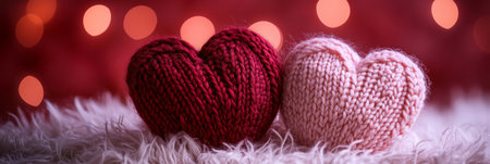 Valentines Day, Two Knitted Hearts on Fluffy White Background, Pink and Red, Romanticの素材
