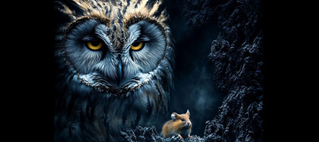 Nocturnal Encounter Majestic Owl with Piercing Gaze Observes a Tiny Vole in the Shadowsの素材