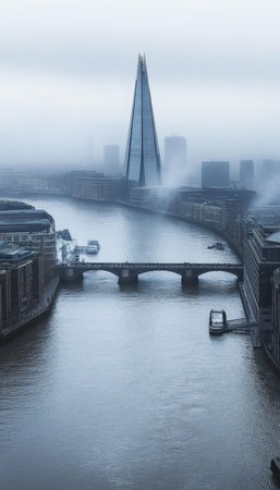 Iconic Skyscraper Piercing through Fog, Cityscape with River and Bridge, London, Englandの素材