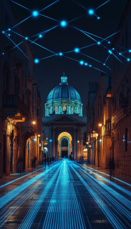 Historic European City Street Illuminated by Festive Blue Lights, Long Exposure at Twilight.の素材