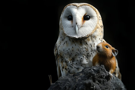 Owl and Vole A Striking Contrast in Wildlife Portraiture, Isolated on Black Backgroundの素材