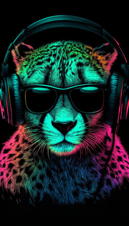 Neon Party Animal Stylish Cheetah Portrait with Headphones and Sunglasses on Black Background.の素材