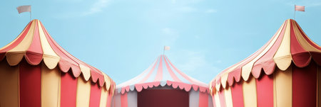 Three Colorful Circus Tents Lined Up In A Row Under A Blue Sky, Banner With Copy Spaceの素材