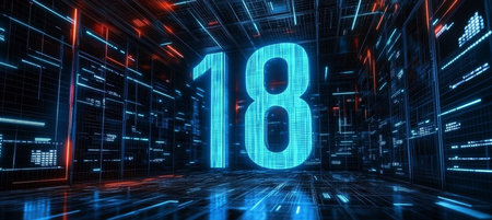 Glowing Digital Abstract Number 18 In Futuristic Technology Background, Network Connection Conceptの素材