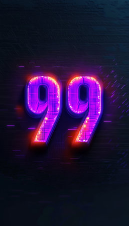 Glowing Purple and Pink Number 99 on a Dark Textured Background with a Digital Glitch Effectの素材