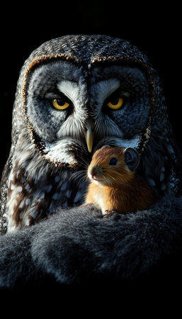 Gray Owl with Intense Stare and Vole Prey on a Stark Black Background, Symbol of Wild Natureの素材