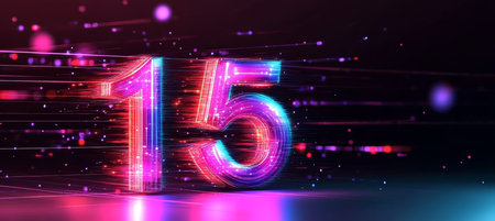 Glowing Number 15 on Digital Background, Representing Style, Futurism, and Innovationの素材