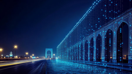 Blue Lights Adorning Traditional Arches on a City Street, Night Time Cityscape Illuminatedの素材