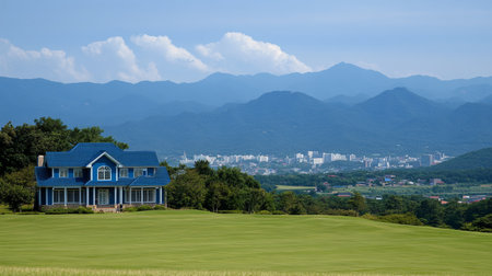 Picturesque Blue House on a Hilltop with Mountain Range Backdrop on a Clear Sunny Day.の素材