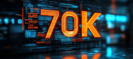 Glowing Digital Orange 3D Number 70K on a Futuristic Blue Digital Abstract Backgroundの素材