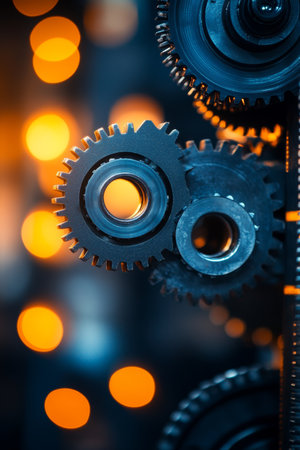 Glowing Gears in Motion Blurred Background, Abstract Industrial Design, Manufacturing Conceptの素材