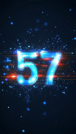 Futuristic glowing light blue number 57 on a dark technological background, digital concept.の素材