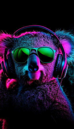 Neon Party Animal Cool Koala Wearing Headphones and Sunglasses, Isolated on Black Background.の素材