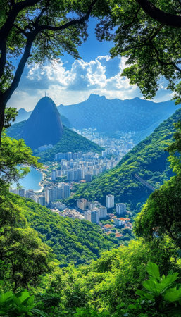 Aerial View of Lush Green Cityscape Nestled in Mountainous Landscape With Clear Blue Skyの素材