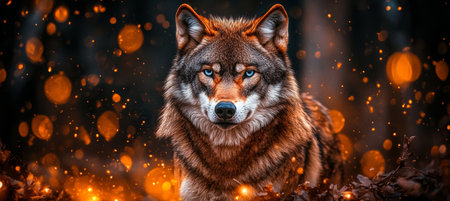 Mystical Wolf Portrait Intense Blue Eyes, Warm Glowing Light, Detailed Fur in a Twilight Forestの素材