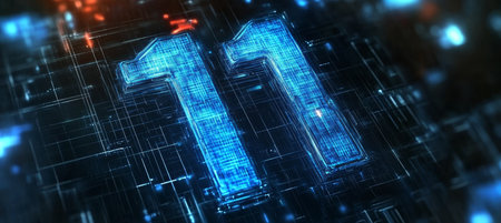Glowing Digital 3D Number 11 in Futuristic Style on Abstract Circuit Board Backgroundの素材