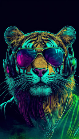 Cool Neon Party Tiger DJ Wearing Headphones and Sunglasses, Colorful Vibrant Portraitの素材