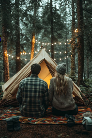 Romantic Couple Enjoys Cozy, Illuminated Tent During Evening Camping Getaway In Autumn Forestの素材