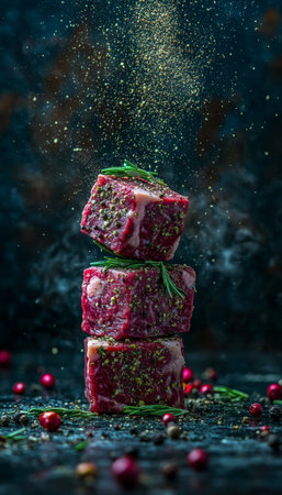 Three Raw Beef Cubes Stacked High Seasoned with Herbs and Peppercorns Sprinkled Aboveの素材