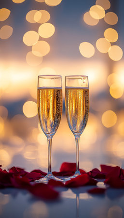 Romantic Celebration. Two Champagne Glasses with Rose Petals on a Golden Bokeh Background.の素材