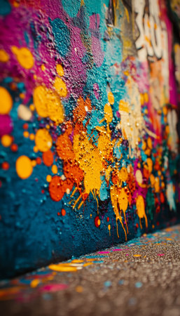 Vibrant Urban Graffiti Art Texture, Colorful Paint Splats, Drips, and Abstract Background.の素材