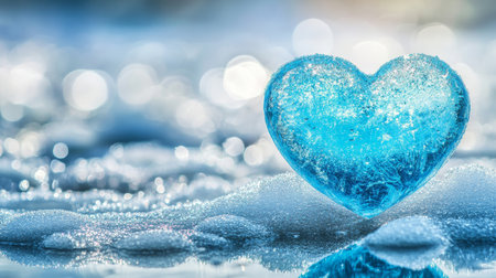 Frozen Heart Of Ice On Snowy Surface Sparkling Bokeh Effect Winter Romance And Love Conceptの素材