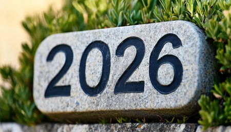 Stone House Number Sign With The Number 2026 Engraved On It, Surrounded By Green Plantsの素材
