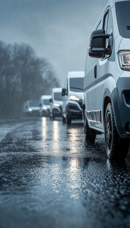 Fleet of White Delivery Vans Parked on Wet Asphalt Road, Reflections in Puddles, Overcast Skyの素材