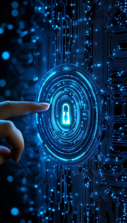 Hand Activating Digital Padlock, Cybersecurity Concept, Blue Circuit Board Backgroundの素材