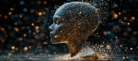 Shattered Mind Digital Head Exploding Into Particles, Abstract Art, Black Backgroundの素材