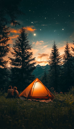 Camping Under the Stars Couple Enjoying Sunset in Illuminated Tent, Surrounded by Treesの素材