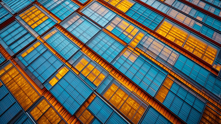 Modern Architecture. Glass Facade, Geometric Pattern, Blue and Orange Reflections, Abstract Designの素材