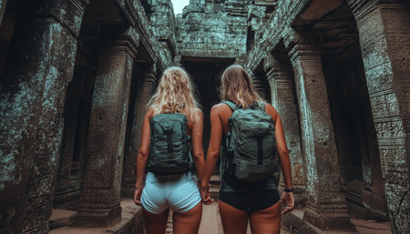 Couple. Admiring Ancient Stone Temple, Exploring History and Culture on Their Travelsの素材