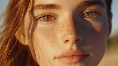 Close-Up Portrait, Young Woman With Freckles, Golden Sunlight, Natural Beauty, Skincareの素材