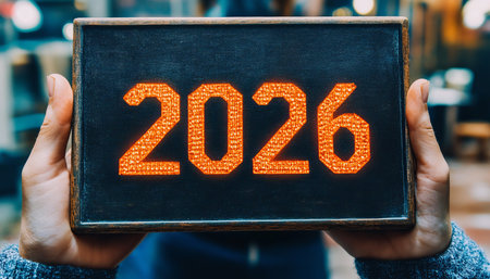 Close Up of a Person Holding a Sign with the Year 2026 Illuminated in Orange on a Black Backgroundの素材