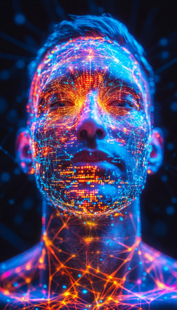 Neural Network Glowing Within Man, Abstract Brain Concept, Vibrant 3D Render, Digital Transformationの素材