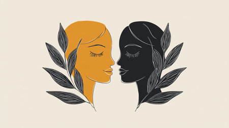 Harmony Of Faces, Minimal Line Art. Elegant Female Portraits, Nature In Modern Artwork.の素材