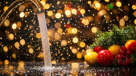 Festive Sparkle Christmas Ornaments Beside A Flowing Faucet With Golden Bokeh Lightsの素材