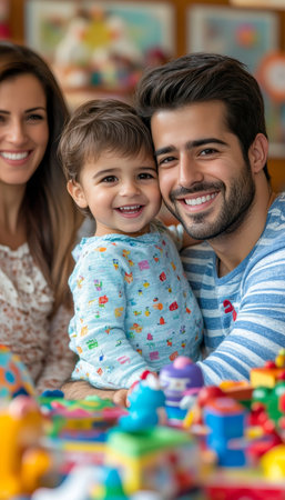 Happy Family Playtime Joyful Parents And Toddler Enjoying Colorful Toys In A Bright Living Roomの素材