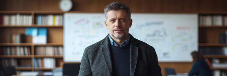 Portrait of a Confident Mature Teacher in front of Classroom Whiteboard, Ready to Share Wisdom.の素材