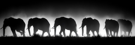 Silhouetted Herd of Elephants Walking Across Dusty Plain at Sunset in Dramatic Black and Whiteの素材
