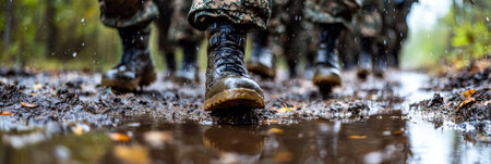 Military Boots Power Through Muddy Terrain Soldiers Navigate Challenging Landscape During Trainingの素材