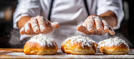 Close Up Chef s Hands Dusting Freshly Baked Bread with Flour, Rustic Bakery Ambianceの素材