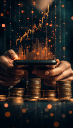 Hands Holding Smartphone, Rising Stock Market Graph Above Glowing Gold Coin Stacks, Bokeh Effectの素材