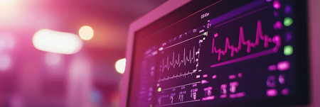 Medical Monitor Displaying Fluctuating Vitals in a Blurred Clinical Setting with Copy Spaceの素材