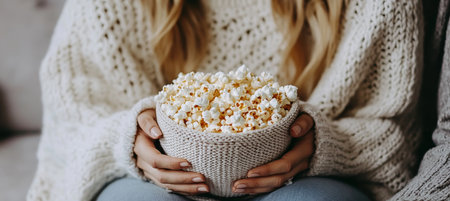 Cozy Movie Night At Home Couple Snuggling, Sharing Popcorn, Wearing Knit Sweaters, Warm Lightingの素材