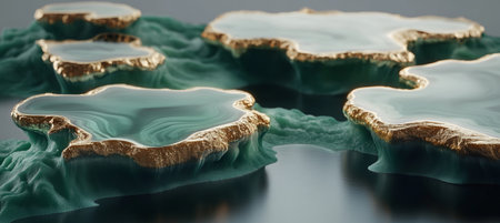 Abstract 3D Rendered Turquoise Liquid Forms with Gold Edges on a Turquoise Backgroundの素材