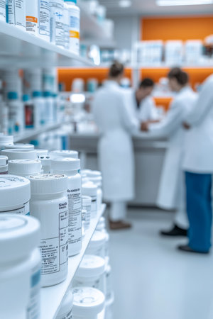 Pharmacists Assisting Patients Beyond a Counter Lined with Numerous Medicine Bottles.の素材