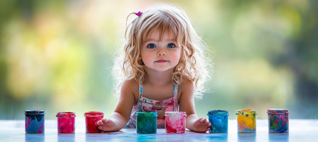 Little Artist with Paint Pots A Portrait of Childhood Creativity and Joyful Explorationの素材